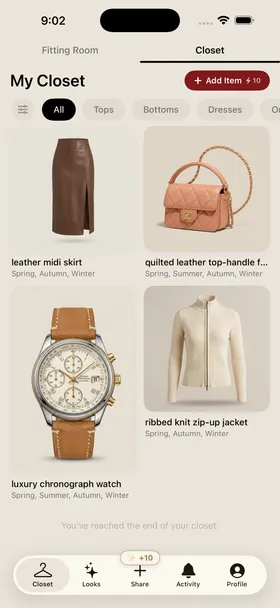 Stryde Edit closet grid with a skirt, handbag, watch, and jacket