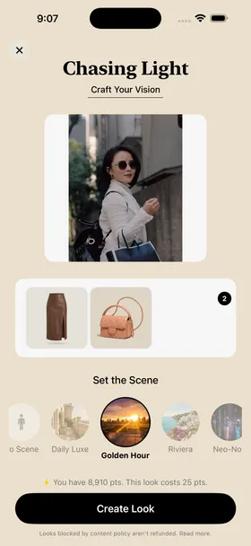 Stryde Edit compose screen with garments selected and the Golden Hour scene chosen