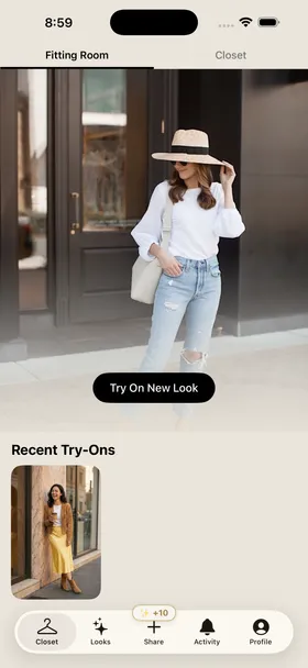 Stryde Edit fitting room showing a try-on result and recent try-ons