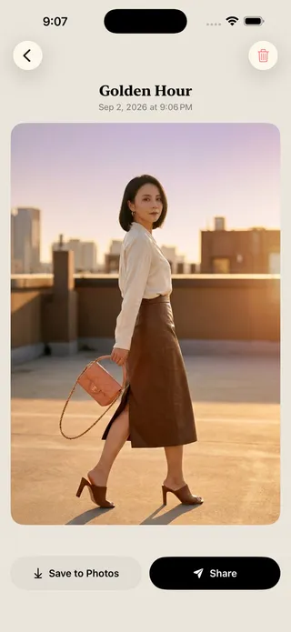 Stryde Edit try-on result in the Golden Hour scene: a woman in a white blouse and brown leather skirt on a rooftop at sunset